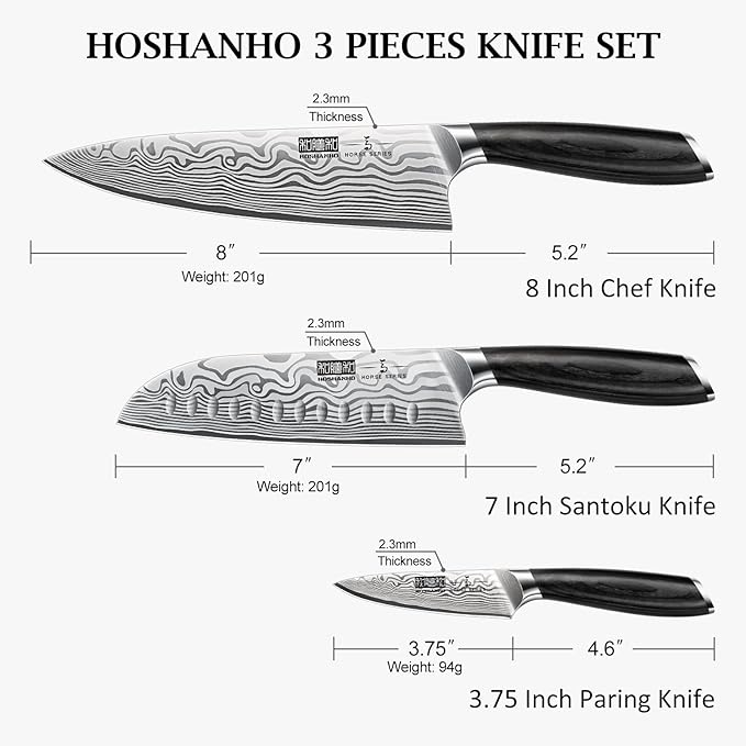 HOSHANHO 3 Pcs Knife Set, Professional Kitchen Knife Set, Pakkawood Handle | Ultra Sharp Chef Knives Set for Kitchen High Carbon Powder Steel, Japanese Cooking Knife Set with Elegant Gift Box