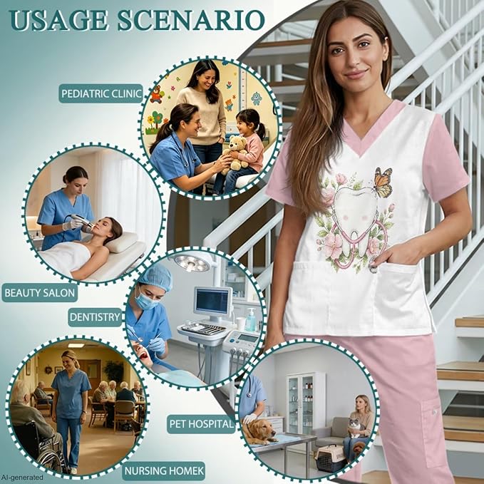 Gomyblomy Women's Scrubs Suit 3-Piece Set | Teeth Print V-Neck Top & Pants & Cap, Breathable and Stretch Fabric, S-5XL