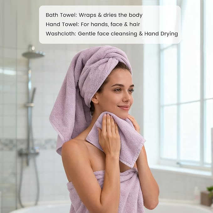 SEMAXE Bath Towel Set, 12 Piece Cotton Towel Set for Bathroom, More Towels for Family Use, Quick Dry with Hanging Loops, Easy Care, Purple