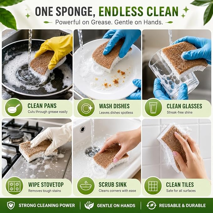 Kaidaa Set of 5 Natural Kitchen Sponges | 100% Coconut Coir Scrubber Sponge for Dishwashing | Eco Friendly, Non Toxic & Biodegradable Cleaning Sponges for Kitchen | Long-Lasting Dish Scrub Pads