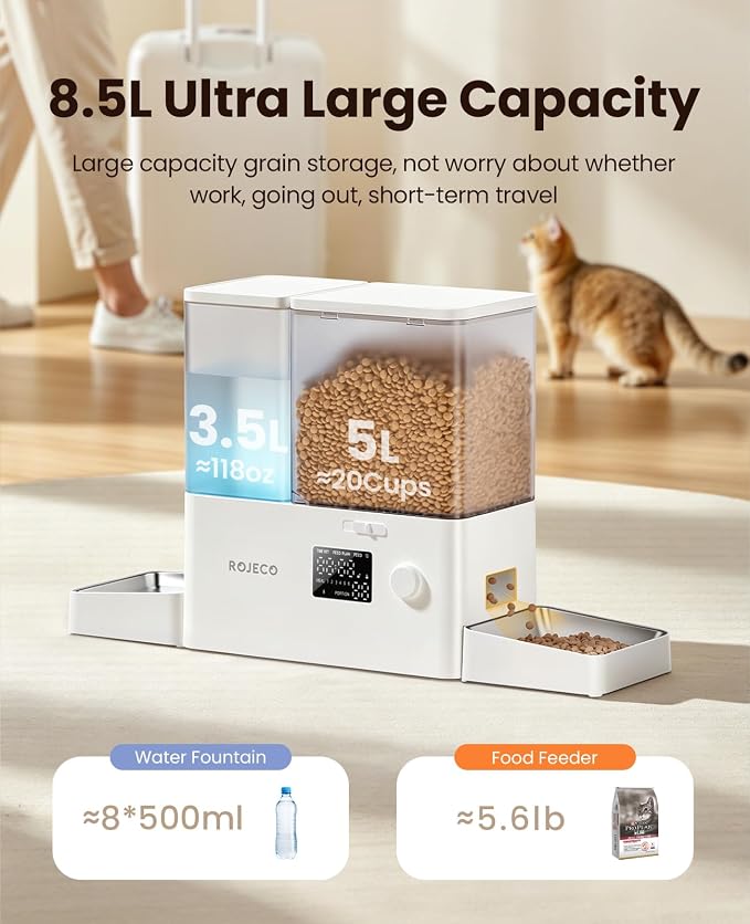 Automatic Cat Feeder & Water Dispenser,Button Customizable Feeding | 2 in 1 Feeding Drinking Water/5L Food Feeder,3.5L Water Fountain/Stainless Steel Bowls/Detachable Clean/White