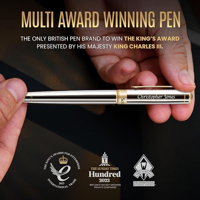 Scriveiner Personalized Silver Chrome Rollerball Pen - Stunning Luxury Pen, Real Gold Plating, Schmidt Ink Refill, Best Engraved Roller Ball Gift Set for Men & Women, Custom Name Engraving