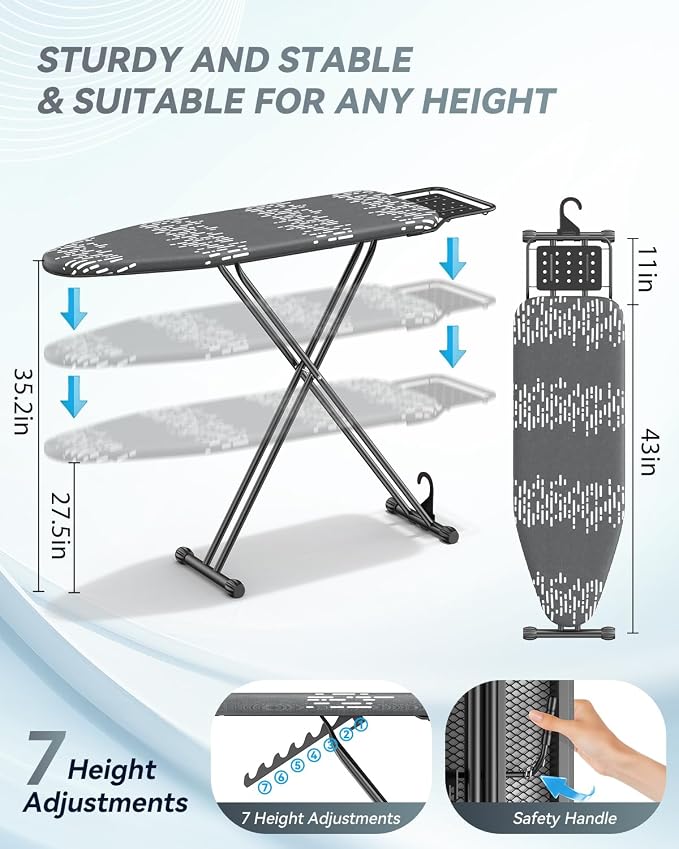 Full Size Ironing Board 54 x 13 in, Foldable with Iron Rest & Thick Pad | 7 height settings, safety lock, triple-layer heat protection, non-slip silicone feet, reinforced frame, built-in hanging hook