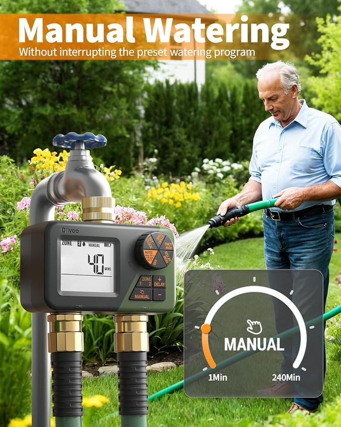 Brass Hose Timer 2 Outlets for Outdoor Watering, Diivoo IP66 Waterproof Programmable Sprinkler Timer with Large Digital Display, Rain Delay & Manual Watering for Garden Lawn Yard Automatic Irrigation