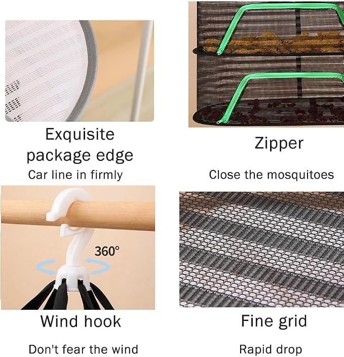 Foldable Drying Net for Vegetables, Fish, and Dehydrated Goods, Multi-Tiered Food Drying Net, Versatile Drying Rack, Windproof Design, Zipper Closure for Insect Protection Dual Layer Black