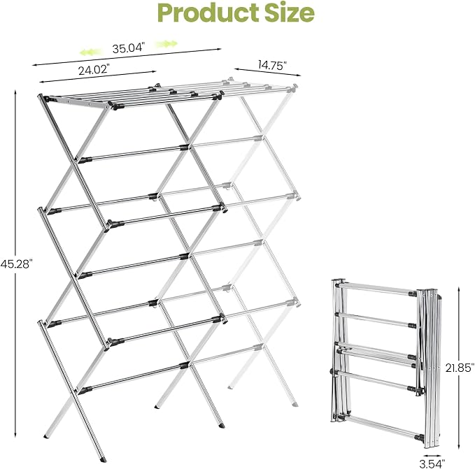 APEXCHASER Large Stainless Steel Clothes-Drying-Rack, Expandable Adjustable Width 24.76-35.51 Inch, 45.28" Height Space Saving Foldable Laundry Rack, Indoor Outdoor for Clothes Towels Shoes, Silver