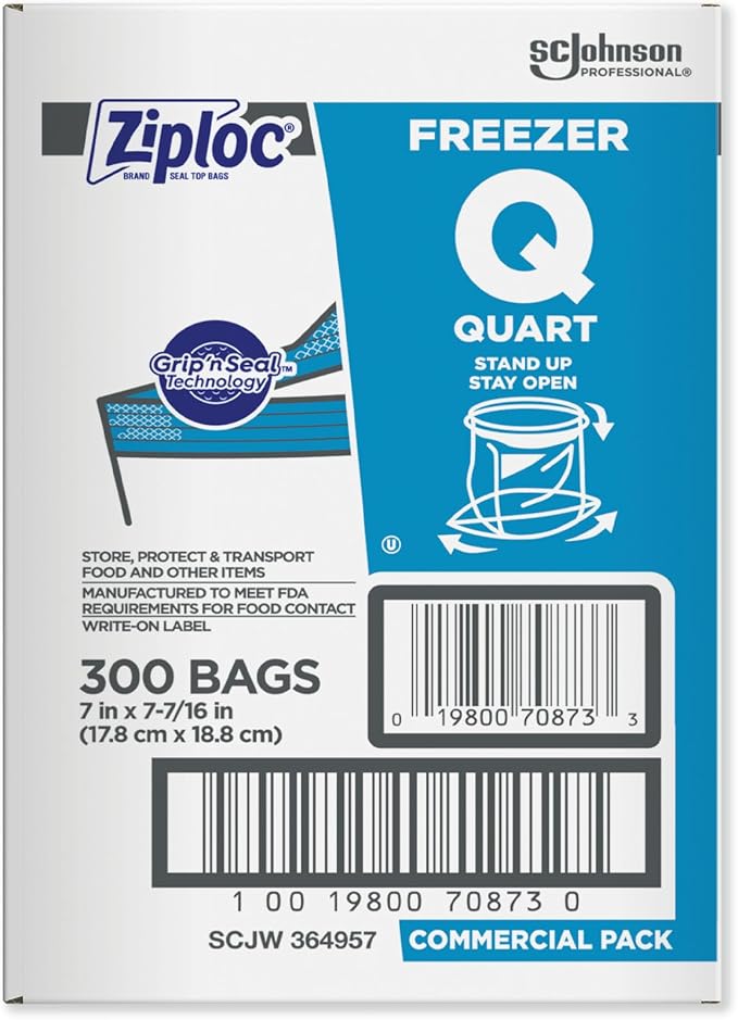SC Johnson Professional Ziploc Quart Food Storage Freezer Bags, Grip 'n Seal Technology for Easier Grip, Open, and Close, 300 Count