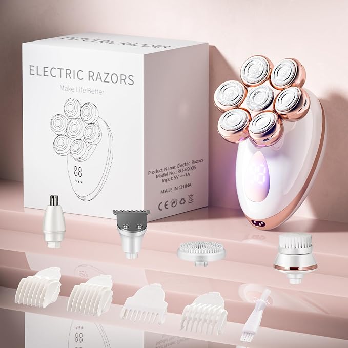 Electric Razors for Women, Rotary Shaver for Legs, Bikini, and Underarms Hair Removal, Wet & Dry Waterproof Grooming Kit, Cordless Lady Trimmer, ChampagneRose