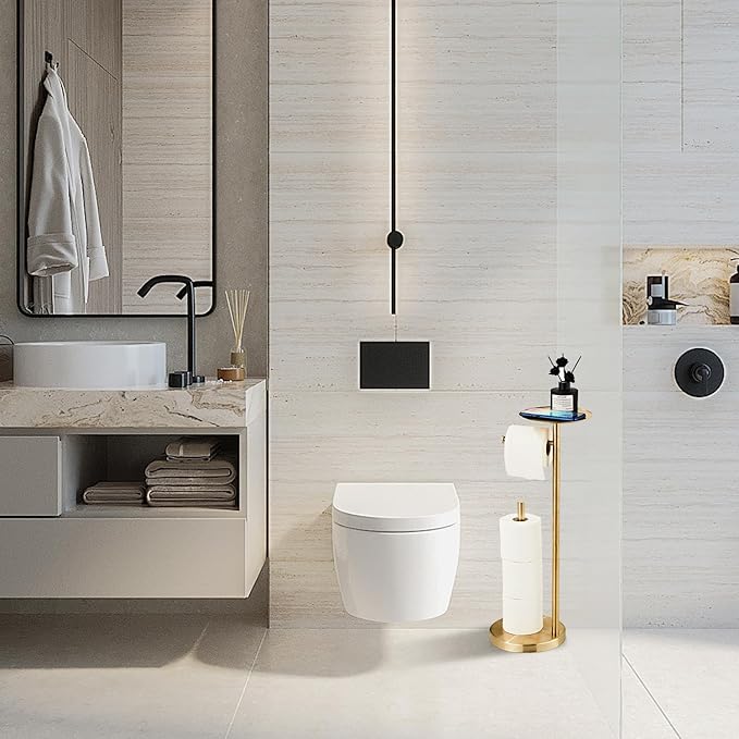 Toilet Paper Holder Stand Gold: Free Standing Tissue Roll Holder with Phone Shelf - Toilet Roll Dispenser Storages for 4 Rolls, Durable Stainless Steel for Bathroom