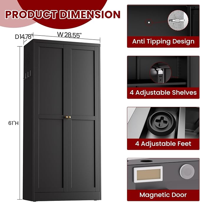 AQY Metal Pantry Cabinet, 61" Black Kitchen Storage Cabinet with Doors | 4 Adjustable Shelves Freestanding Storage Metal Cabinet Kitchen & Living Room Organization