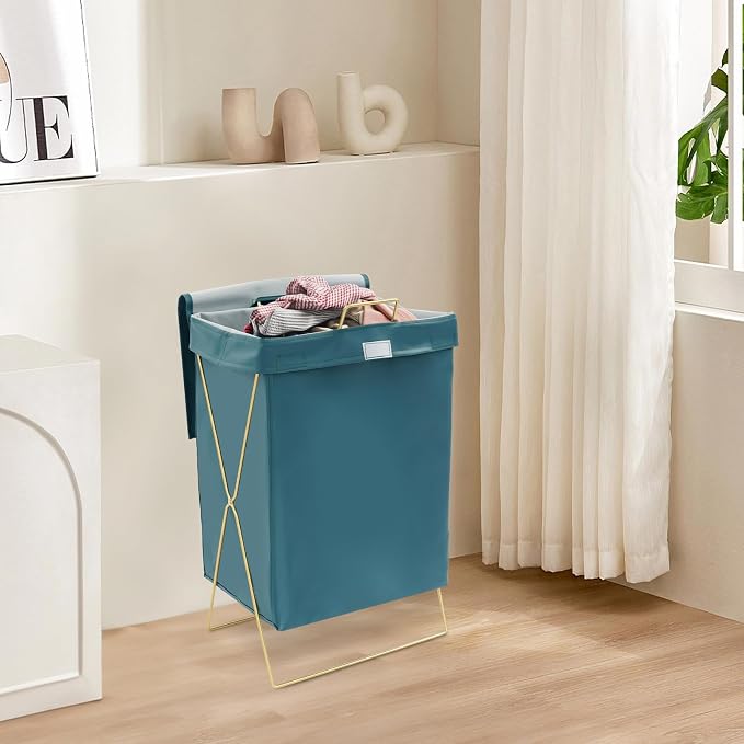 X-Frame Laundry Basket with Lid, Foldable Laundry Hamper, Gold Metal Collapsible Bag Sorter Organizer, Luxury Folding Dirty Clothes Washing Bin (Gold Fram+ Blue Bag)