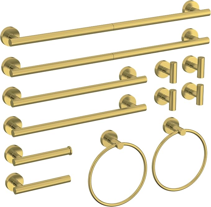 12 Pcs Brushed Gold Bathroom Accessories Set, HOMEMYSTIQUE SUS304 Stainless Steel Bathroom Hardware Set, Bath Towel Bar Set, Toilet Paper Holders, Towel Rings Racks, Robe Towel Hooks