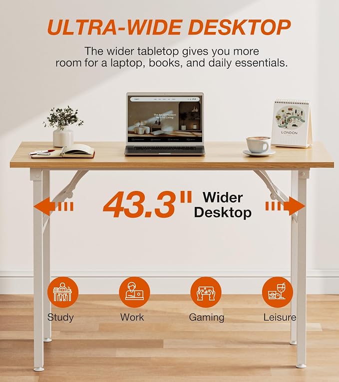 XBurmo Folding Desk Foldable Table, No Assembly 43.3" Foldable Desk Space-Saving Workstation for Small Space, Computer Table, Flat Storage for Home Office, Bedroom, Dorm, Study Room, Light Maple