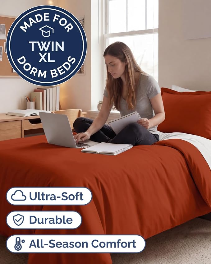 Duvet Cover Twin/Twin XL Size Set - Extra Soft Twin/Twin XL Duvet Cover 68" x 90" with 1 Pillow Sham for Women, Men, Kids & Teens - Comfy, Easy-Care & Fade Free w/ Zipper Closures & Ties (Terracotta)