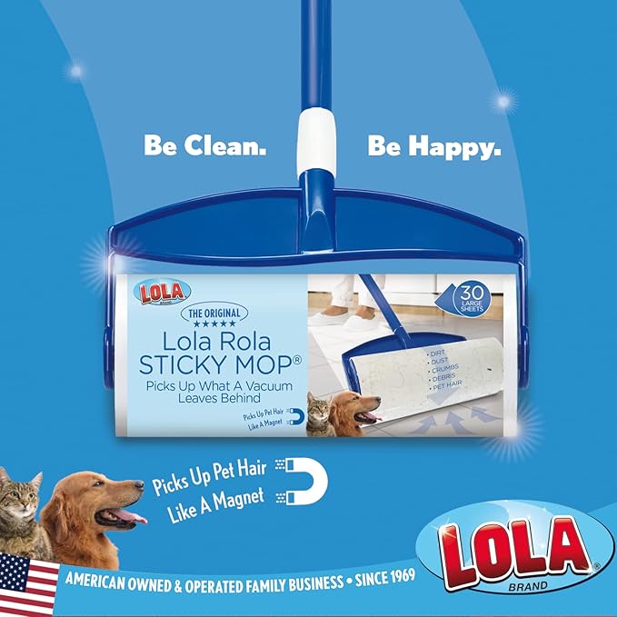 LOLA Rola PET Hair Remover Sticky Mop, Giant Floor Lint Roller, 9" x 3.5", Extender Handle, Largest Head, Traps Hair, Dust, Dirt, Extra Sticky Sheets