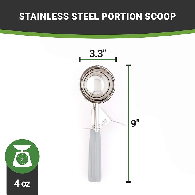 Restaurantware 4 Ounce Portion Scoop, 1 Trigger Release Stainless Steel Cookie Scoop - With Gray Handle, Stainless Steel Disher, For Portion Control, Cookie Dough, Cupcake Batter, Or Ice Cream
