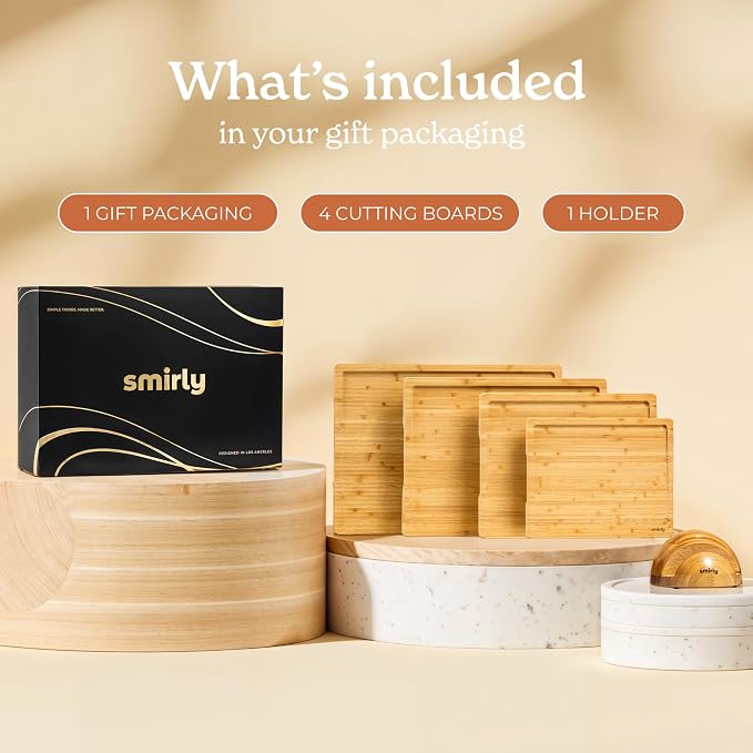 SMIRLY Bamboo Cutting Board - 4 Pack Wood Cutting Board Set with Stand | Non Toxic Wooden Cutting Boards with Juice Grooves and Handles, Multiple Sizes Chopping Board for Meal Prep & Charcuterie