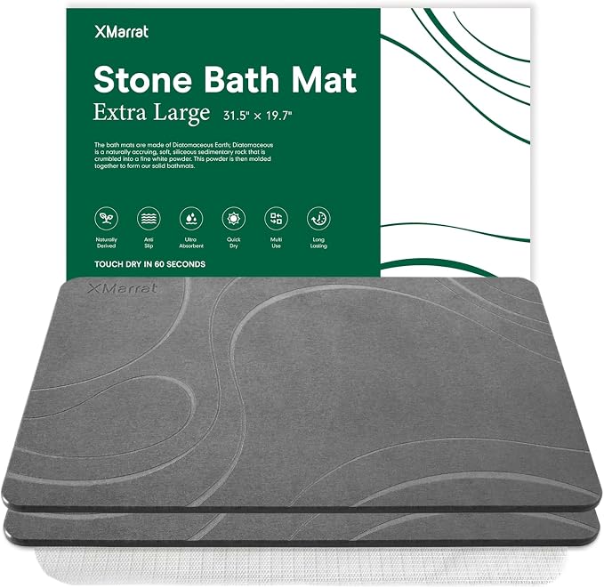 XMarrat Large Stone Bath Mat 2 Pack, 31.5'' x 19.7'' Super Absorbent Diatomaceous Earth Bath Mat Large, Quick Drying Non-Slip Diatomite Stone Bath Mats for Bathroom, Easy to Clean