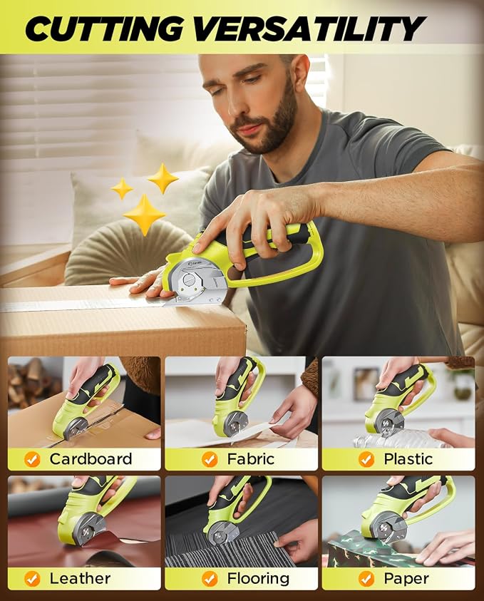 Saker Box Cutter Electric Cordless: Card board Cutter Scissors for Fabric Leather Paper Plastic - Cardboard Cutting Tool with 4V Recharged Battery - Safety Lock and LED Light for Cutting,Green