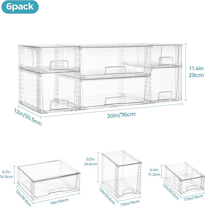 Vtopmart 6 Pack Clear Stackable Storage Drawers,Easy to Assemble Pantry Organizers and Storage with handles,Plastic Drawers for Kitchen Pantry,Cabinet,Under Sink Organization