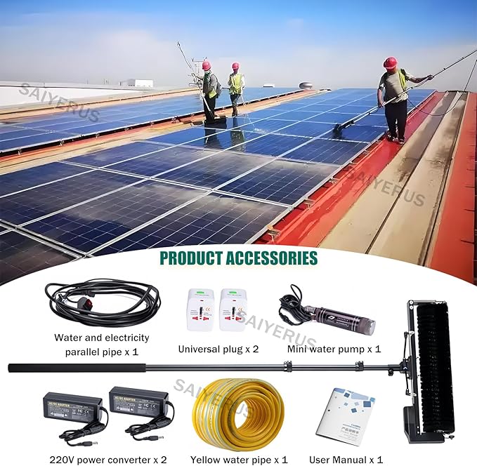 Solar Panel Cleaning Kit, Automatic Rotary Cleaning Brush, Solar Panel / Roof Water Brush, Window Cleaner, Special Roof Water Brush with Adjustable Extension Rod with two Power Converter,7.5M/25Ft