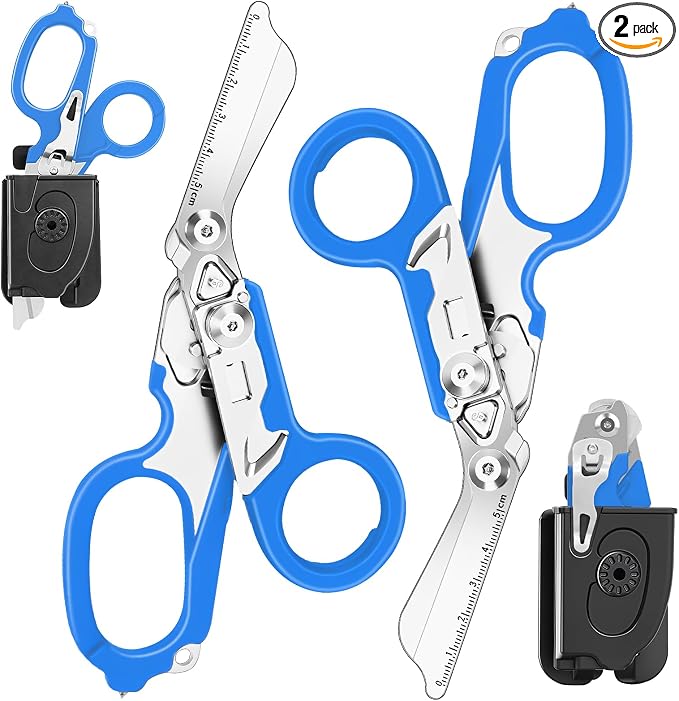 Lenporl 2 Pack Foldable Trauma Shears with Compatible Holster, Emergency Shears with Strap Cutter and Glass Breaker for Outdoor Camping Medical Scissors Tools Blue