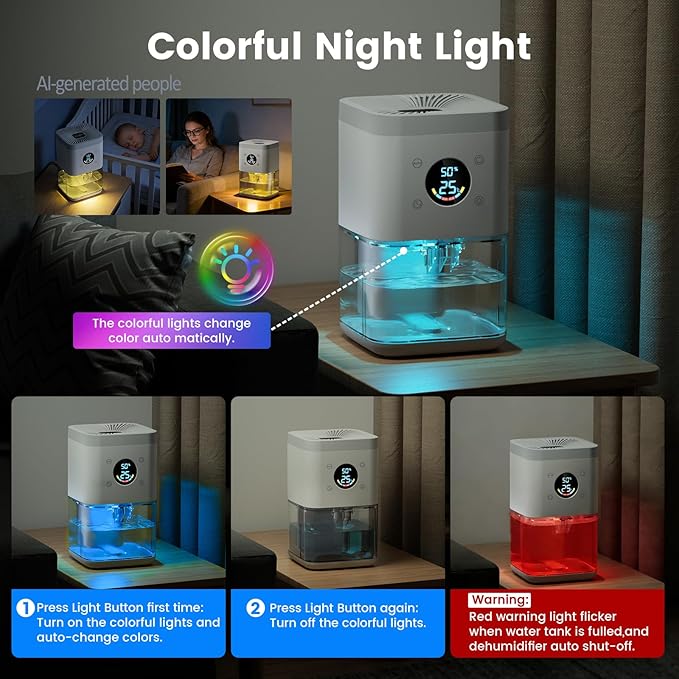 Small Dehumidifier for Bedroom 63oz Auto Dehumidify (60/70%) & Continuous Mode, 35dB Ultra Quiet for Bathroom Apartment Home Closet RV, Portable Auto Defrost & Auto Shut-Off, 7-Color & Timer, White