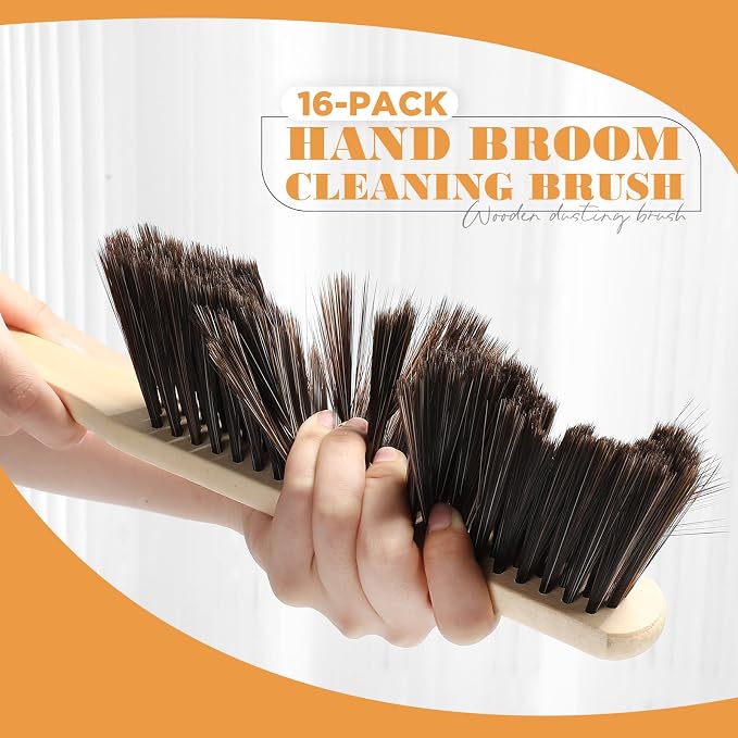 Tioncy 16 Pieces Wooden Dust Brush Bulk Hand Broom Bench Soft Bristle Cleaning Outdoor Furniture Brushes with Long Wood Handle for Cleaning Car Bed Sofa Fireplace Couch Clothes