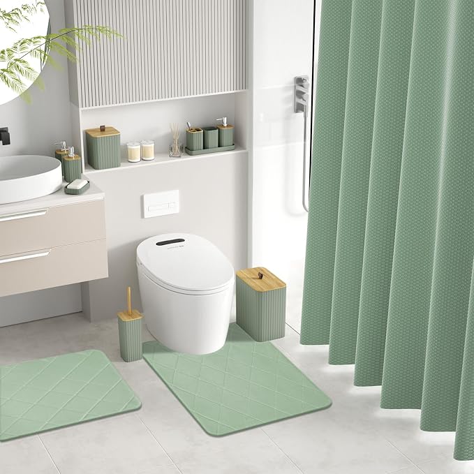 Bathroom Accessory Set - Bathroom Sets with Shower Curtain and Rugs, Sage Green Bathroom Set, 27PC Bathroom Accessories Set, Mini Trash Can, Toilet Brush, Trash Can & Soap Dispenser