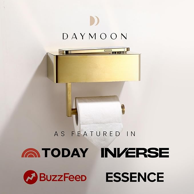 Day Moon™ - Toilet Paper Holder with Shelf - Modern Roll Holder for Bathroom - 1 Pack - Wall Mount - with Storage, Gold
