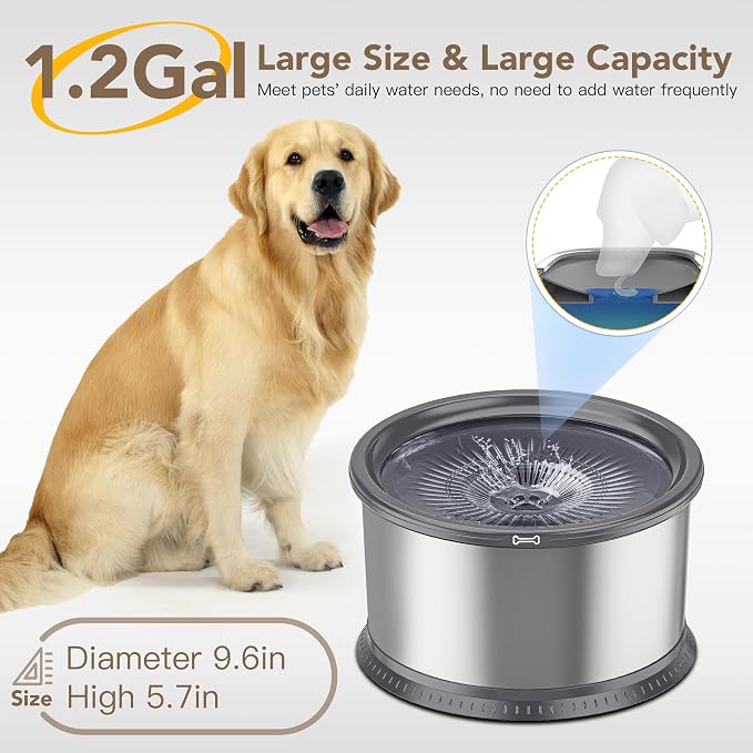 4.5L/1.2Gal Dog Water Bowl, No Spill Stainless Steel Slow Water Bowl for Medium Large Dogs, Large Capacity Splash Proof Slow Drinking Water Bowls with Anti-Slip Mat for Mess Drinkers, Gray | Large Capacity, Slow Drinking Feeder, Splash Proof, with Anti...
