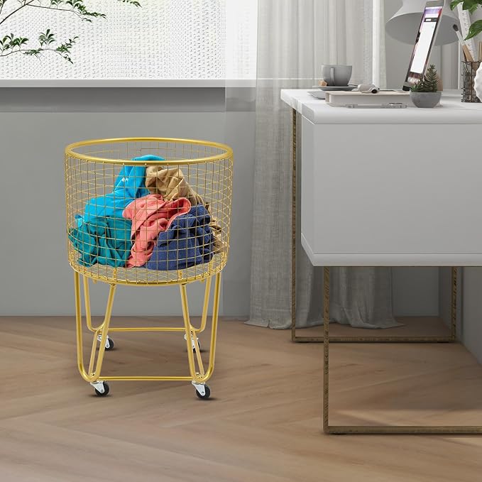 Rolling Laundry Basket with Wheels, Round Metal Mesh Wire Laundry Hamper, Large Capacity Dirty Clothes Basket, Versatile Portable Storage Basket for Home, 17"×11.8"×25.6" (Gold-Round)