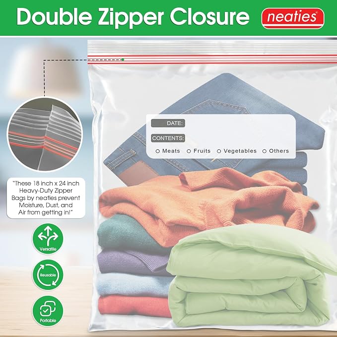 5 Gallon Resealable Bags – Heavy Duty Jumbo Freezer Bags with Dual Zipper – 18x24" Extra Large with Writable Space for Kitchen or Home Storage – BPA-Free Food Grade Plastic – 14 Pack