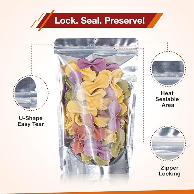 BELLE KR® Pint 5x8 Mylar Bags for Food Storage - Pack Of 200-7.5mil Thickness - Stand Up Clear Mylar Bags with See Through Window - Resealable