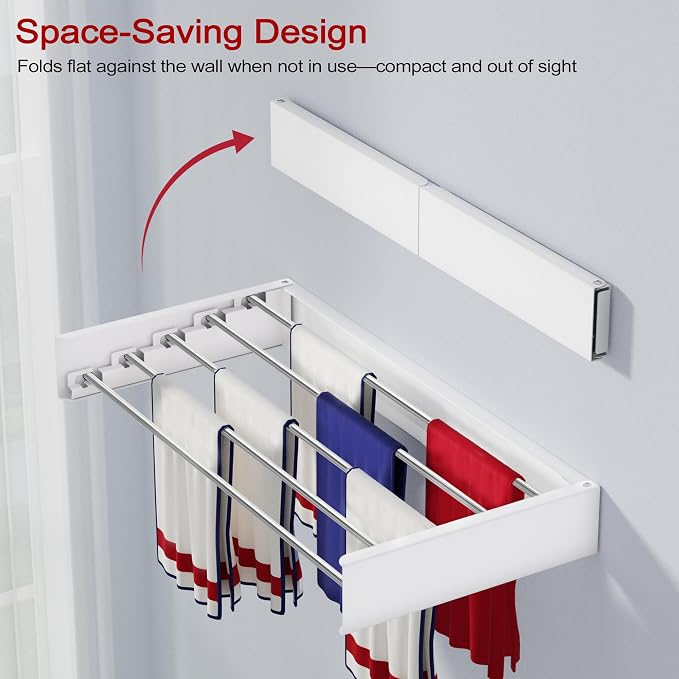 Wall Mounted Drying Rack 23.6", Foldable Laundry Drying Rack with Stainless Steel Rods, Retractable Laundry Space Saver for Indoor & Outdoor Use, Include Wall Template