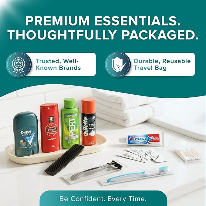Bulk 5 Case Pack of Mens 15 Piece Set Hygiene Kits, Bulk Travel Size Toiletries Kits, Deodorant, Shampoo, Body Wash, Shaving Cream, Razor, Toothbrush, Toothpaste, Comb, Flossers, Swabs