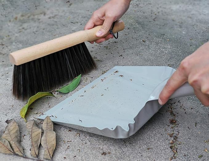 Metal Dust Pan and Brush Set, Natural Bristle Wooden Hand Broom for Fireplace, Garage, Workshop, 9" Wide