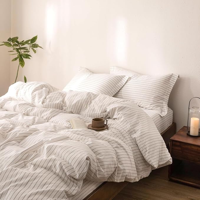 Stripe Duvet Cover Super King Size 108inch x 98inch,100% Washed Cotton Linen Feel Duvet Cover with Zipper Closure and 2 Pillowcases, Color of Off White-Linen Grey Stripe
