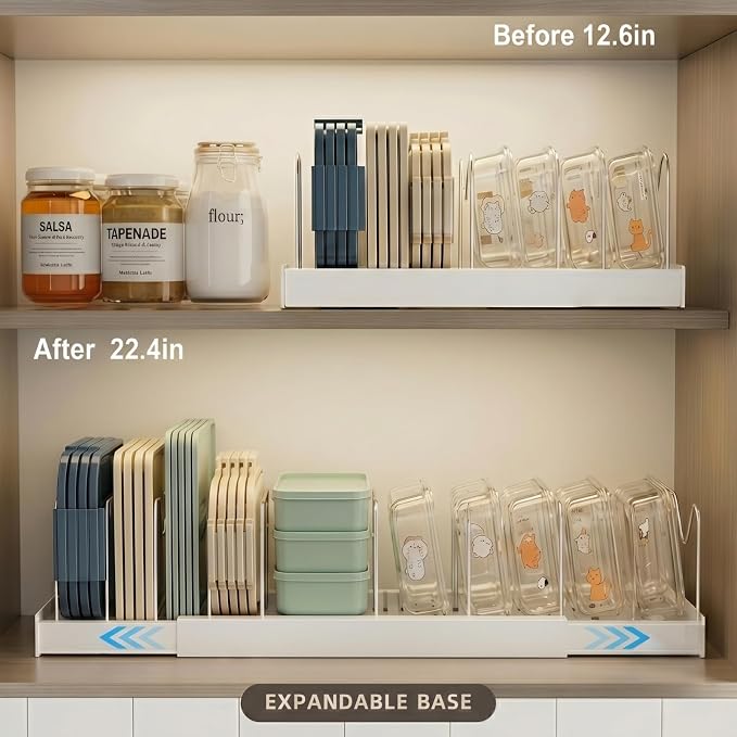 Magheo Expandable Food Storage Container Lid Organizers, 22" Pots and Pans Organizer Under Cabinet with 9 Adjustable Dividers Pot and Pan Lid Holders Rack Inside Cabinet(White,1 Pack)