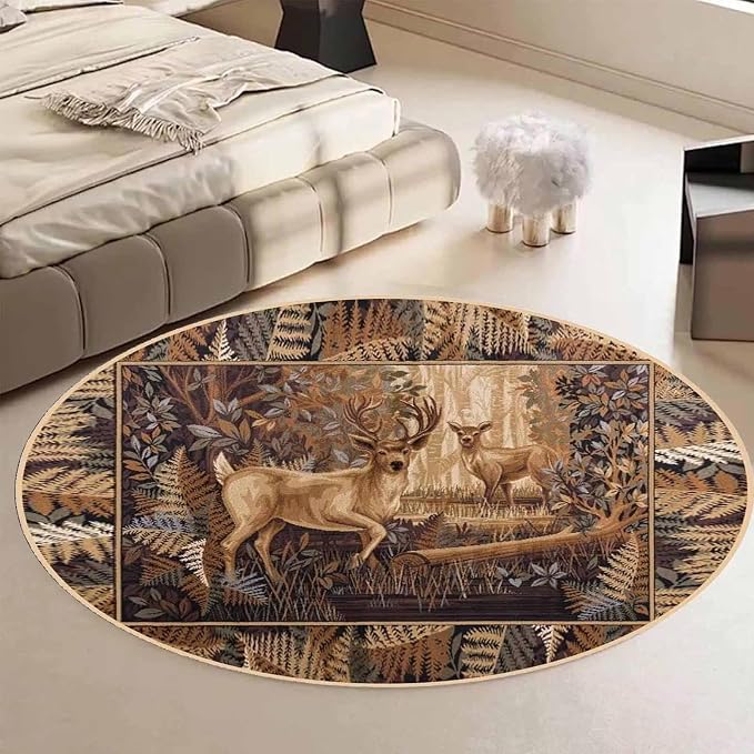 Brown Rustic Lodge Cabin Moose Deer Round Rugs 5ft for Bedroom Non-Slip Low Pile Western Wildlife Print Carpet Circular Farmhouse Deerlet Mat