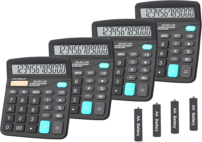 Calculators, BESTWYA Large Button Desk Calculator (Black, Pack of 4) | 12-Digit Dual Power Angled LCD Display Handheld Desktop Feature for Office, School, Home