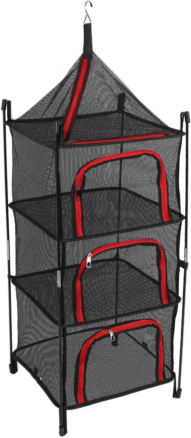 GOWENIC 4 Layer Hanging Drying Mesh Foldable Net Rack for Clothes Fish Heavy Duty Thickened Material, Space Saving Hanging Dryer for Travel Camping (Red)