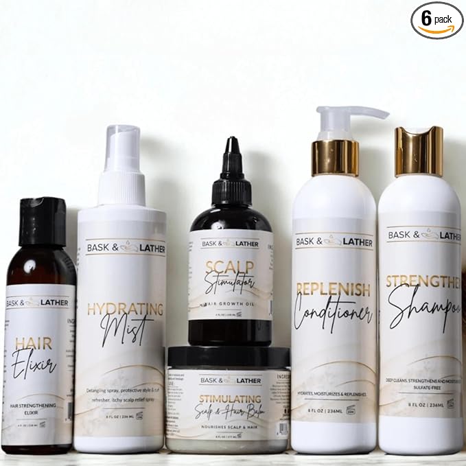 Bask & Lather Co. Healthy Hair Growth Starter Kit – Healthy Hair Care Routine Set with Shampoo, Conditioner, Scalp Treatment & Hydration System for All Hair Types