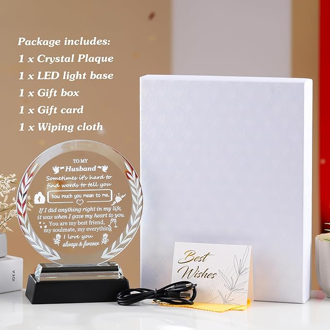 Arikyrist Gifts for Husband from Wife Fathers Day Crystal Plaque to My Husband with LED Light Base Best Husband Ever Gifts for Birthday Valentine's Day Christmas Anniversary