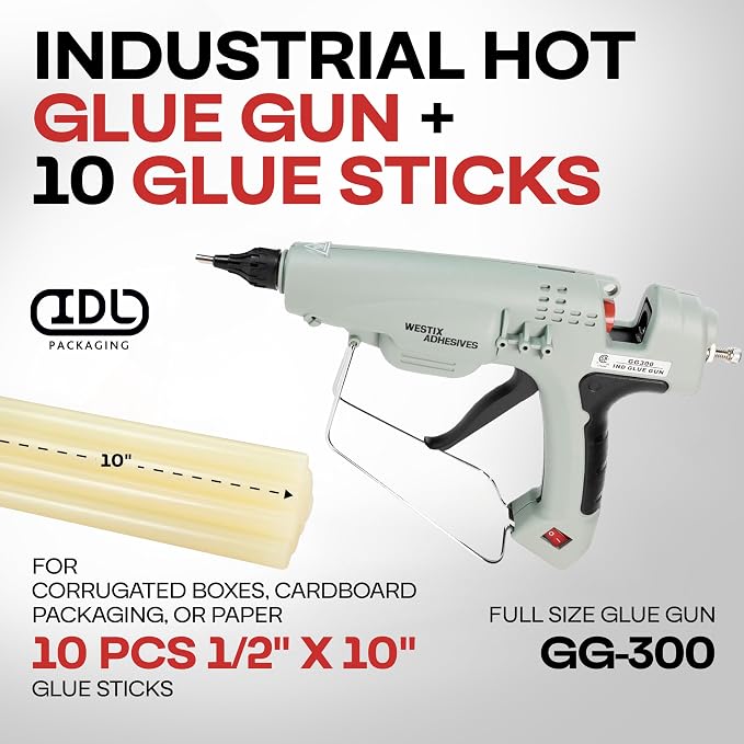 IDL Packaging GG-300 Industrial 300W Hot Glue Gun with 10 pcs Glue Sticks - 1/2" x 10" Full-Size Glue Sticks, Amber - Hot Glue Gun Kit for Corrugated Boxes, Cardboard Packaging, or Paper
