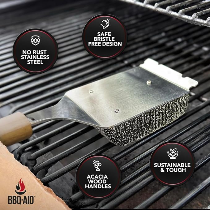 BBQ-AID Bristle Free Grill Brush and Scraper for Barbecue - Extended Large Wooden Handle with Replaceable Head - No Scratch BBQ Cleaning Accessories for Outdoor Grills