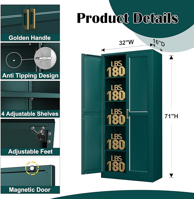 Steeloong 71"Metal Pantry Storage Cabinet with Doors & 4 Adjustable Shelves | Kitchen Pantry Cabinet,Green Kitchen Cabinet with 2 Gold Handles,Tall Cabinet for Livingroom,Pantry, Bathroom,Kitchen