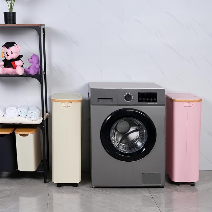 iEGrow 75L Slim Laundry Hamper, Narrow Laundry Basket with Lid,Foldable Clothes Hamper with Wheels,Hamper Basket with Removable Inner Bag for Laundry Room Bedroom College Dorm,17.17 Gals Grey