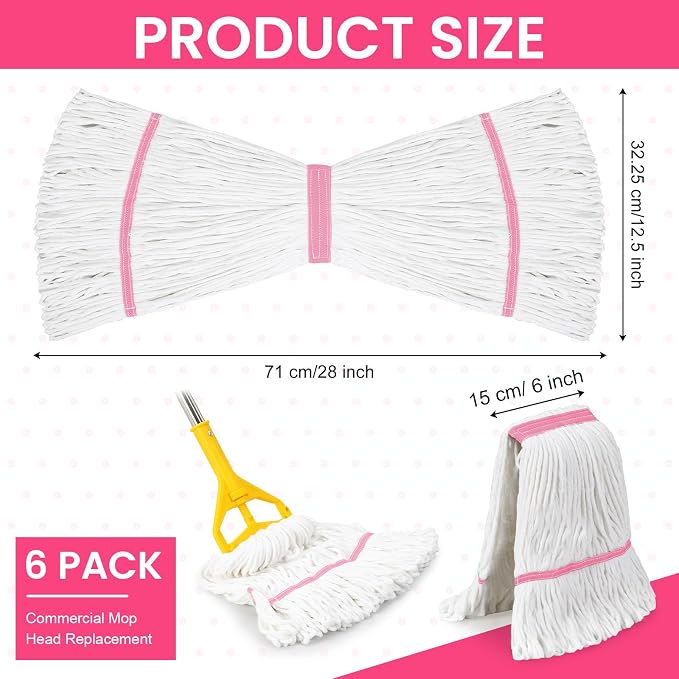 Eccliy 6 Pack Commercial Mop Heads Replacement Heavy Duty 18 oz Loop End Cotton String Wet Mop Refills Washable Absorbent Reusable for Industrial Home Tile Wood Concrete Floor (White,Pink)