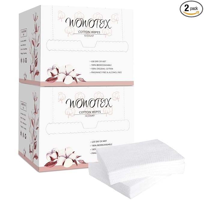 WOWOTEX 100% Cotton Disposable Face Towel 100 Count 10x12 Inch | Biodegradable Thick Soft One Time Use Dry Wipes for Sensitive Skin, Facial Cleaning, Makeup Removal